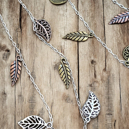 Collier Feuille Cascade – Longue chaîne à superposition avec feuilles en argent et métaux mélangés en cascade