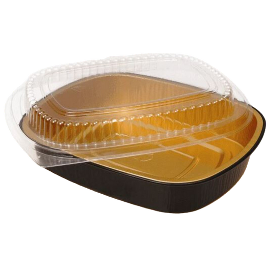 Barquette aluminium lisse rectangulaire noire et dorée de 473 ml avec couvercle transparent