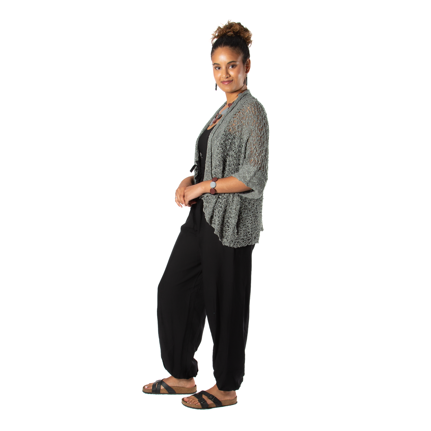 Popcorn Knit Short Sleeve Cardigan -  Grey