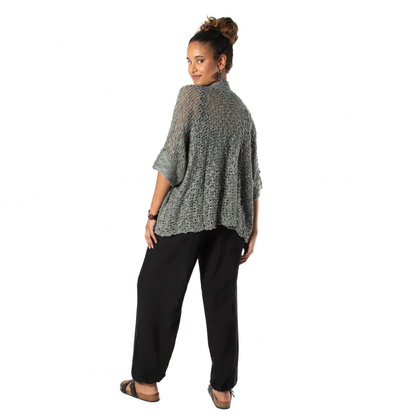 Popcorn Knit Short Sleeve Cardigan -  Grey