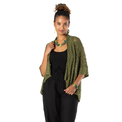 Popcorn Knit Short Sleeve Cardigan -  Sage Green