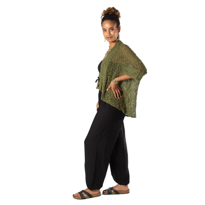 Popcorn Knit Short Sleeve Cardigan -  Sage Green