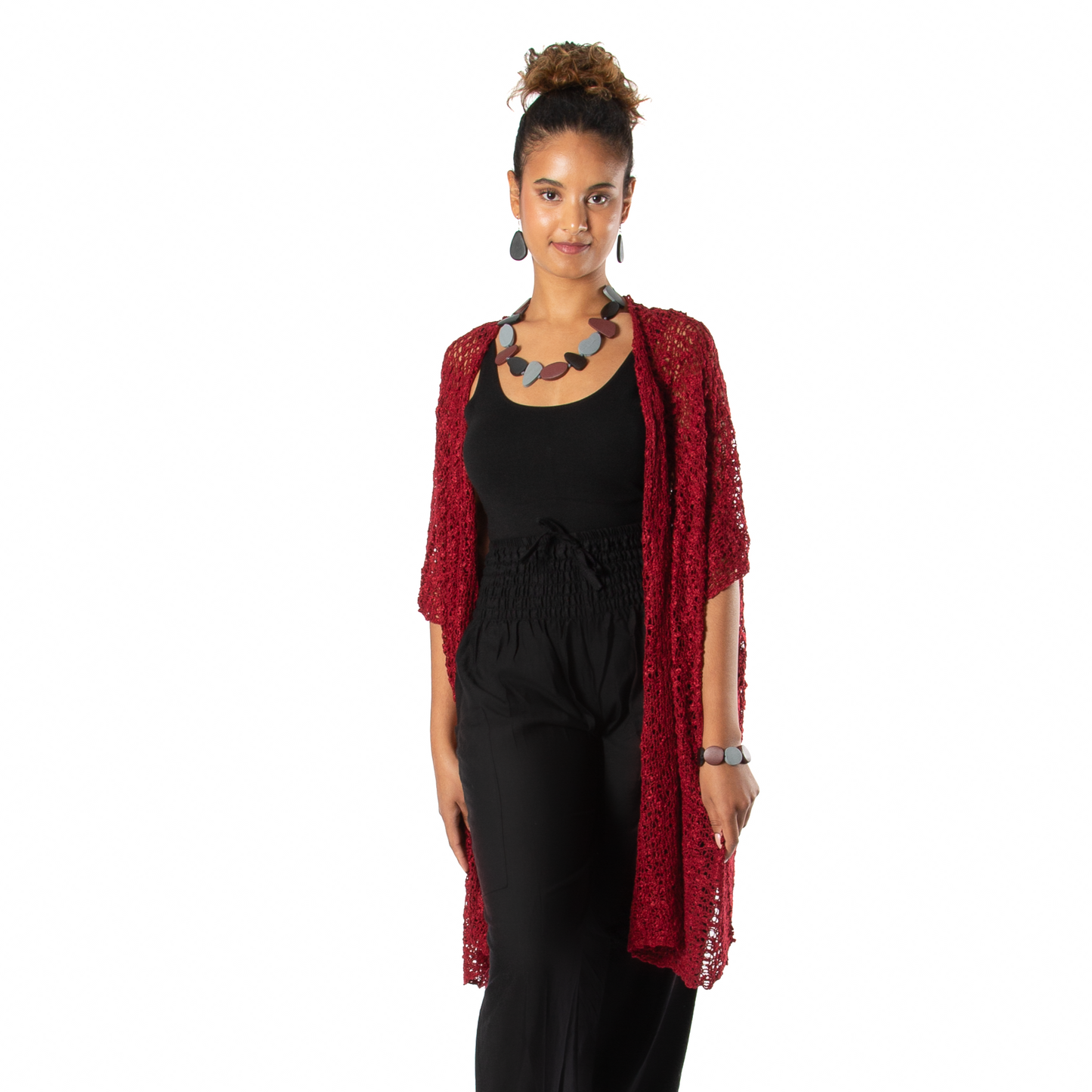 Mid Length Popcorn Knit Kimono - Claret Red
