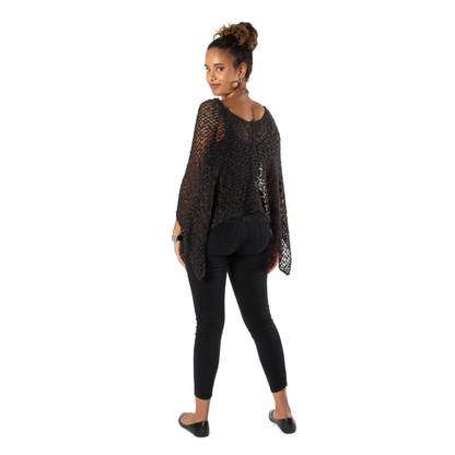 Short Popcorn Knit Poncho - Charcoal Black