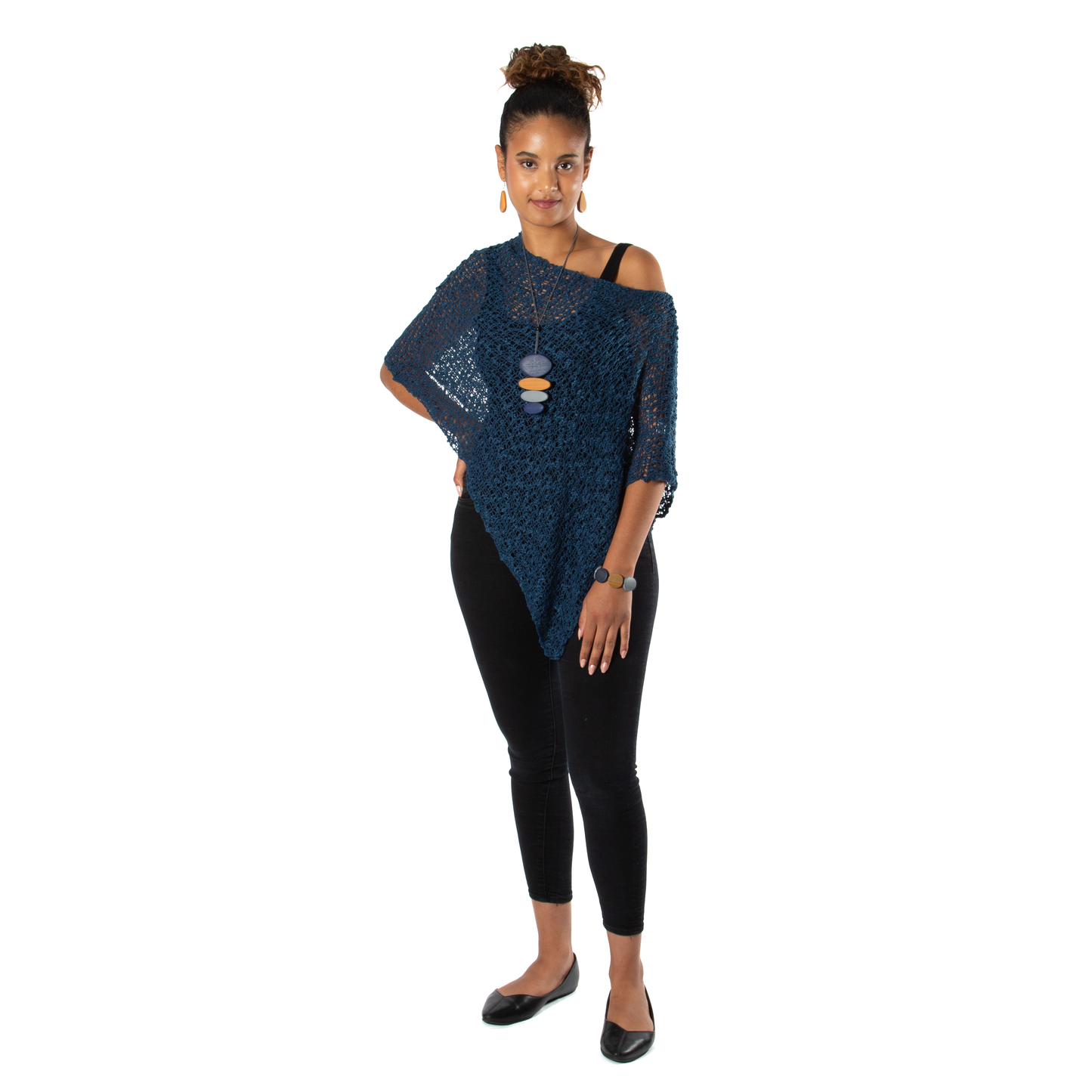 Short Popcorn Knit Poncho - Navy Blue