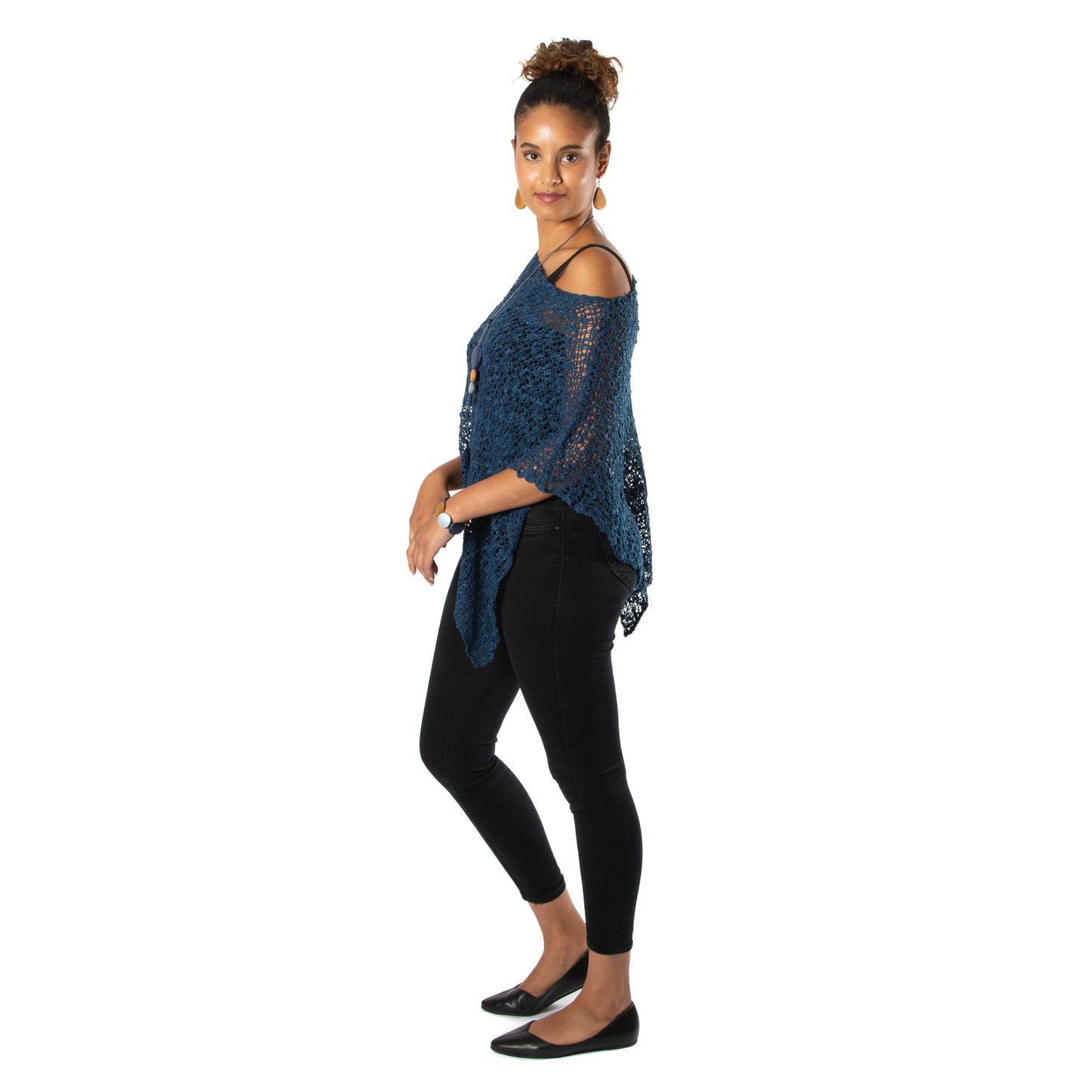 Short Popcorn Knit Poncho - Navy Blue