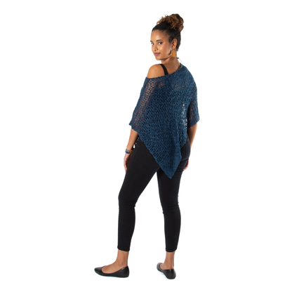 Short Popcorn Knit Poncho - Navy Blue