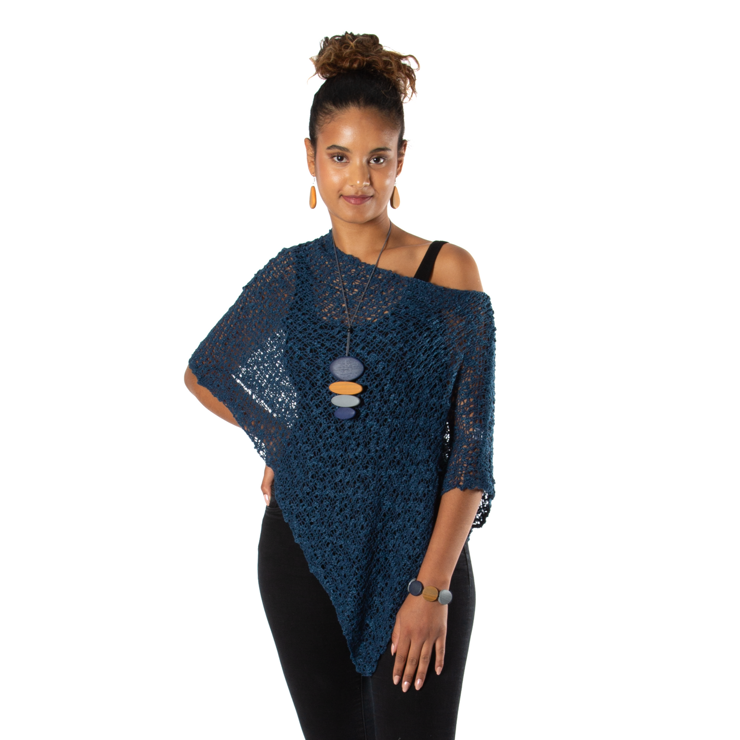 Short Popcorn Knit Poncho - Navy Blue