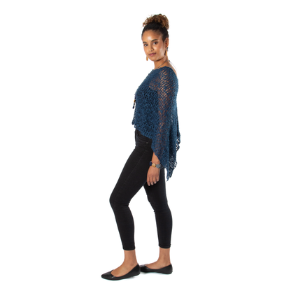 Short Popcorn Knit Poncho - Navy Blue