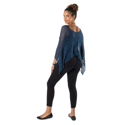 Short Popcorn Knit Poncho - Navy Blue