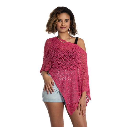 Poncho court en maille pop-corn - Rose