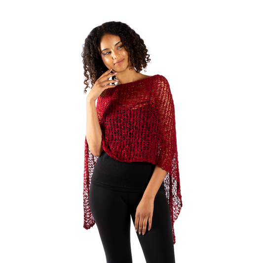 Poncho court en tricot Popcorn - Rouge