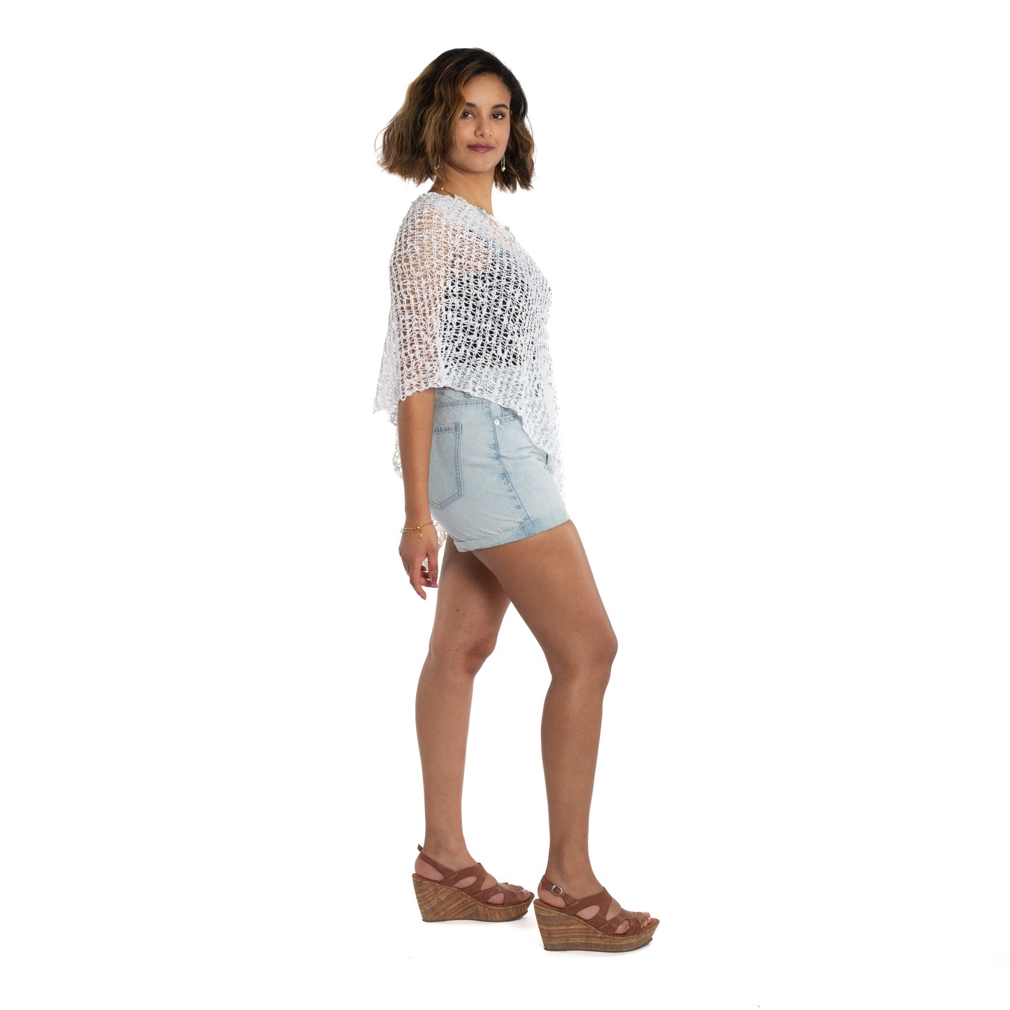 Short Popcorn Knit Poncho - White