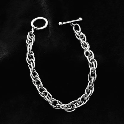 ARDA Silver Toned White Gold: Chunky Intricate Multi-Link Bracelet with Circle & T-Stopper