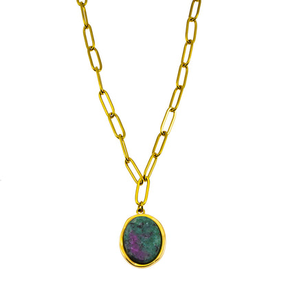 ASAMI: Contemporary Paperclip Chain anchoring a Ruby Zoisite Oval Pendant