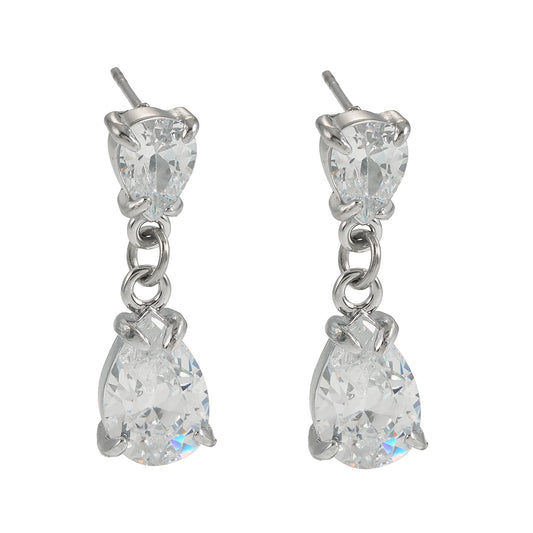 AYER: Boucles d'oreilles pendantes puces Radiance Duo en zircone (CZ) en or blanc rhodié