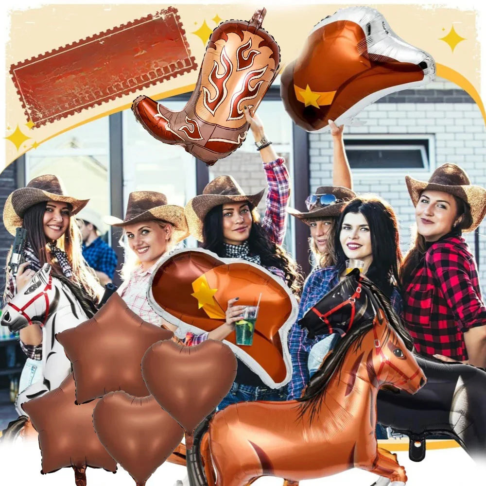 7 Pieces Western Cowboy Horse Aluminum Balloon Set with Simulated Cowboy Hat, Horse and Boots for Birthday Party Decoration.