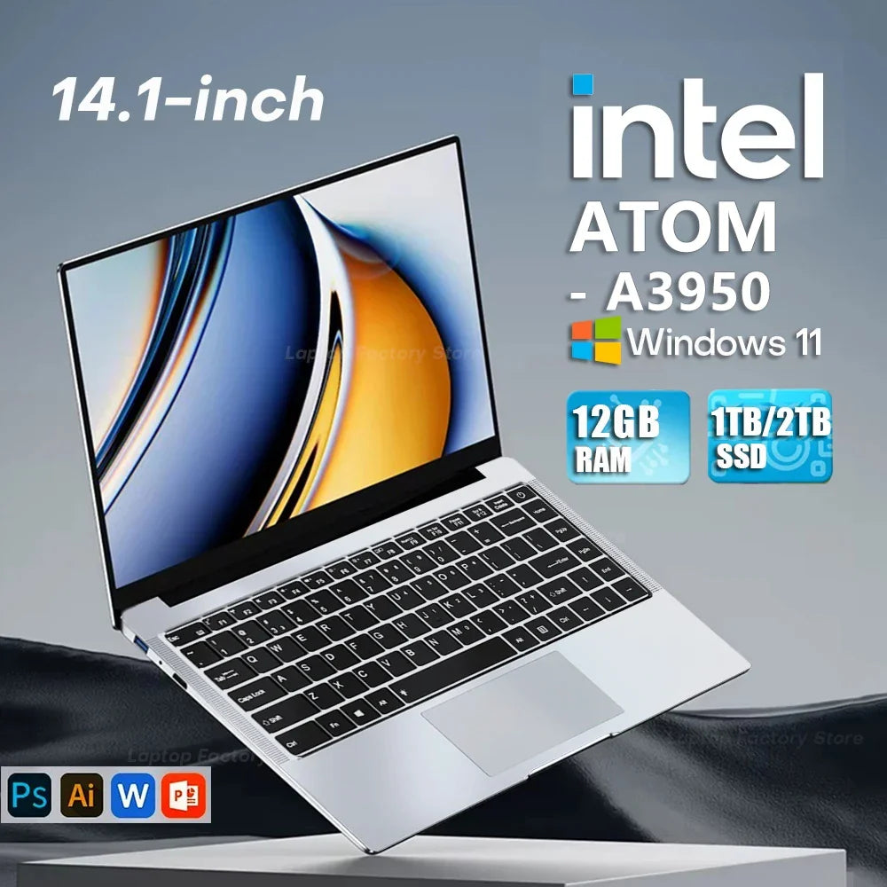 Ordinateur portable 2025 Windows 11 Notebook 14,1 pouces Intel Atom A3950 12 Go 512 Go Résolution 1920*1080 PC de bureau/étude
