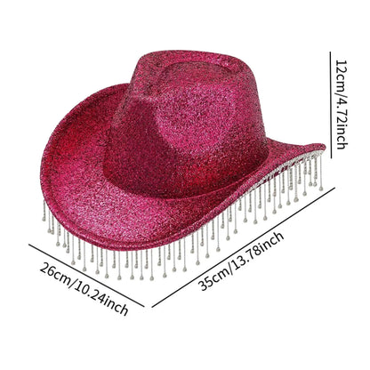 Chapeau de cowboy à large bord avec franges en strass pour femme, accessoire de fête, de cosplay, pour les fêtes, les spectacles en plein air