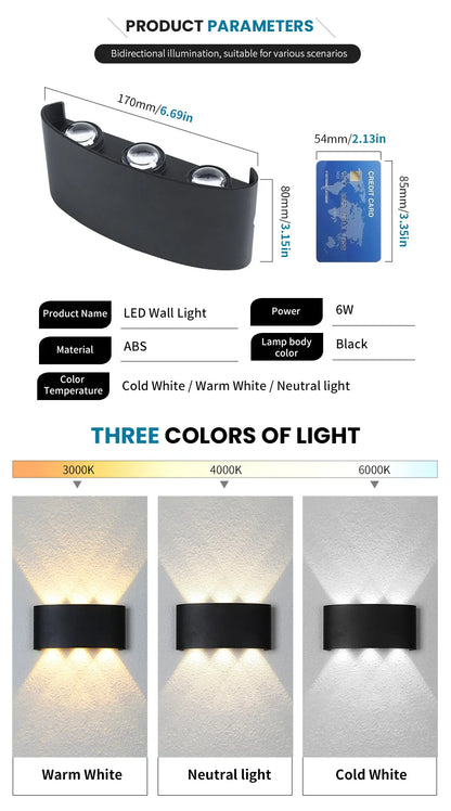 Mur LED lumière extérieure intérieure 2W 4W 6W 8W 10W AC85-265V haut vers le bas blanc noir lumière moderne pour maison jardin chambre couloir