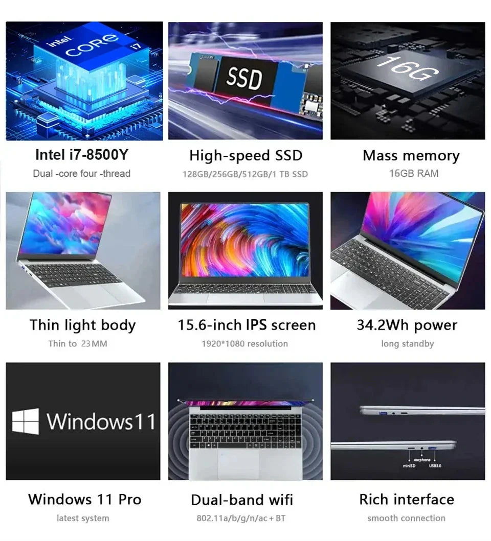 2025 New Original 15.6-inch Laptop Intel Core i7- 8500Y Laptop Windows 11 Pro 16GB DDR4 1TB SSD Gaming Office Learning Computer