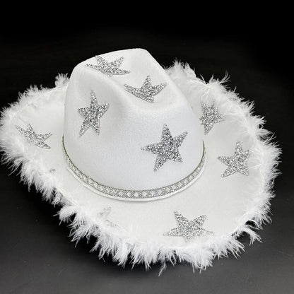 Chapeau de cowboy à large bord avec franges en strass pour femme, accessoire de fête, de cosplay, pour les fêtes, les spectacles en plein air