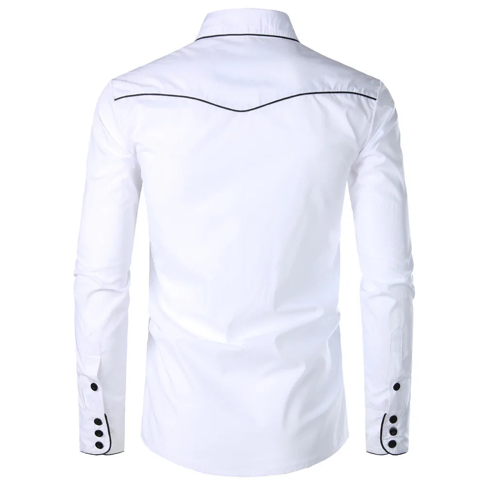 Fashion Embroidered Shirt American Western Style Shirt Western Denim Embroidered Solid color Embroidered Long-sleeved Shirt