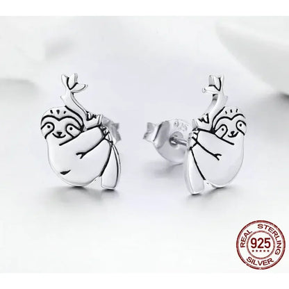 Adorable Sloth Stud Earrings In Sterling Silver - Cute Animal Jewelry