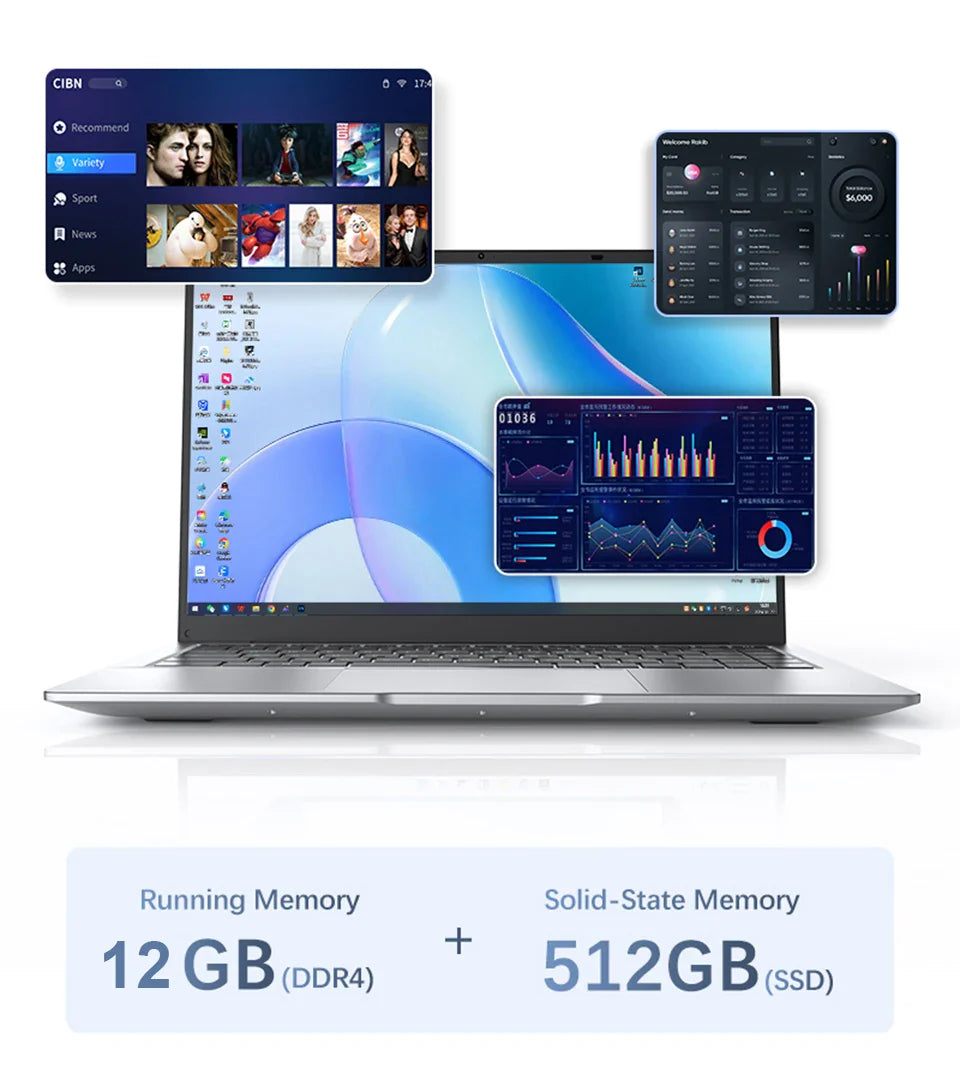 Ultra Slim Windows 11 Laptop Computer 14.1" 12GB RAM 512GB 1TB SSD Intel N4000 Notebook Gamer 1920*1080 Office Study Computer PC