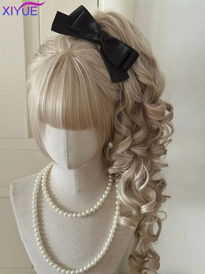 Perruque Lolita synthétique coupe princesse avec double queue de cheval et frange pour fille, couleurs ombrées blond marron blanc gris, pour Cosplay Halloween Harajuku