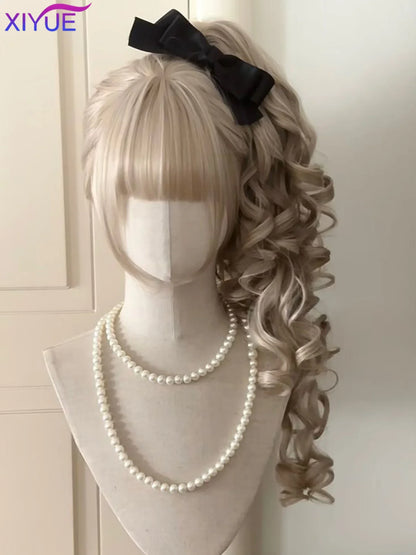 Perruque Lolita synthétique coupe princesse avec double queue de cheval et frange pour fille, couleurs ombrées blond marron blanc gris, pour Cosplay Halloween Harajuku