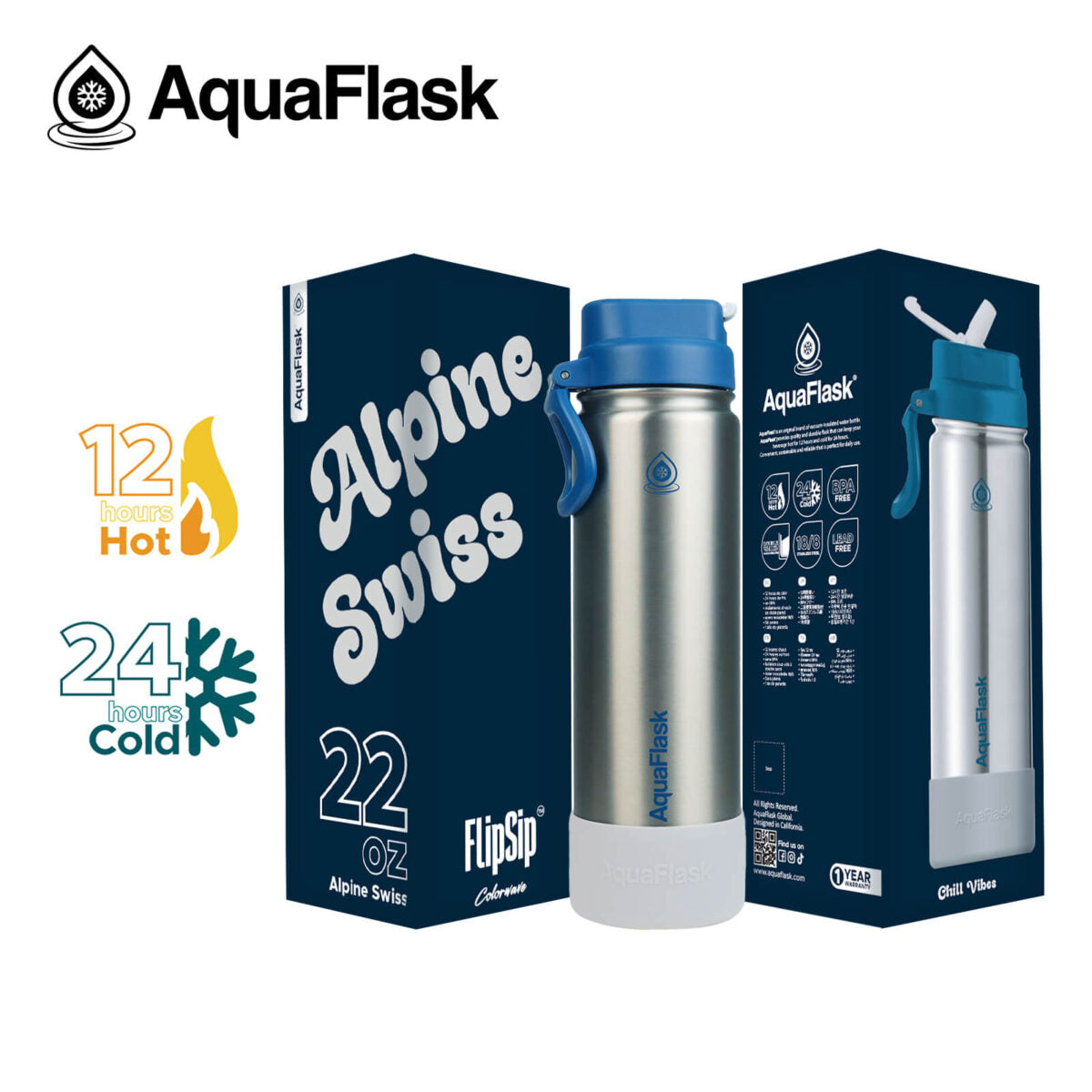 AquaFlask (22oz) Colorwave Flip Sip Insulated Water Bottle Double Wall Stainless Steel Hot & Cold