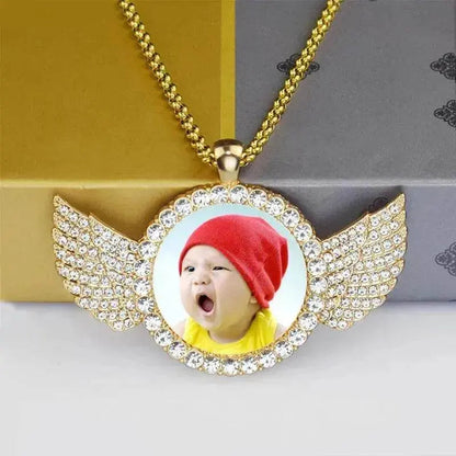 Angel Wings Medallions Custom Photo Pendant Necklace For Men Hip Hop Jewelry Iced Out Pendant Custom Engraved Name Memory Gift