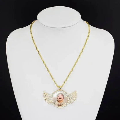 Angel Wings Medallions Custom Photo Pendant Necklace For Men Hip Hop Jewelry Iced Out Pendant Custom Engraved Name Memory Gift