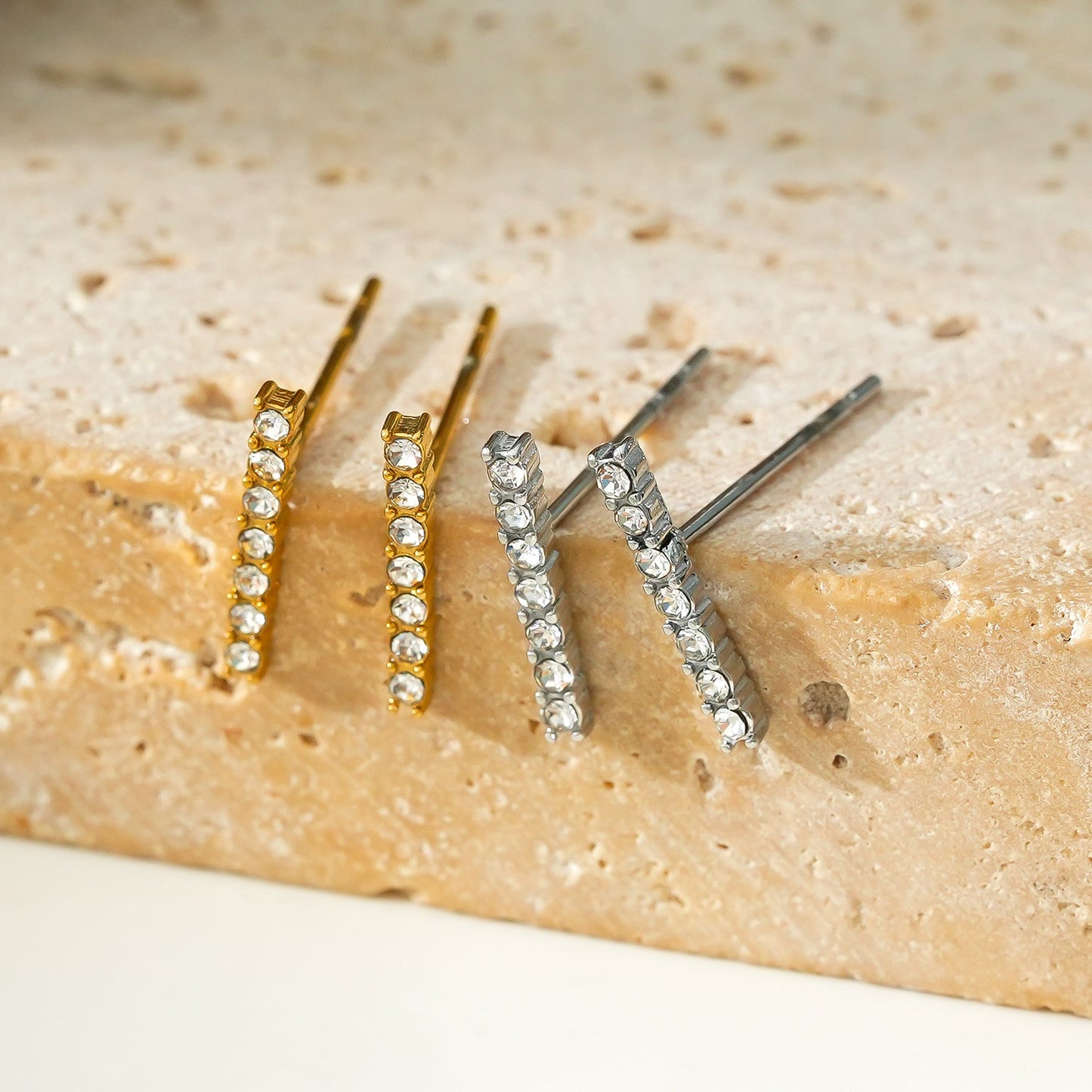 BIHAR: Minimalist Pavé Zirconia Embedded Bar Stud Earrings in White Gold (Silver Toned)