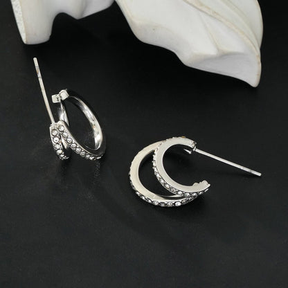 BOTEGA: Double Banded Pavé Zirconia (CZ) Gemstones Embedded Hoop Earrings in Silver