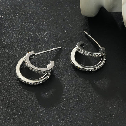 BOTEGA: Double Banded Pavé Zirconia (CZ) Gemstones Embedded Hoop Earrings in Silver