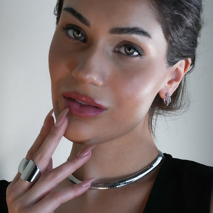 BOTEGA: Double Banded Pavé Zirconia (CZ) Gemstones Embedded Hoop Earrings in Silver