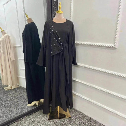 Ensemble deux-pièces uni arabe perlé pour femme