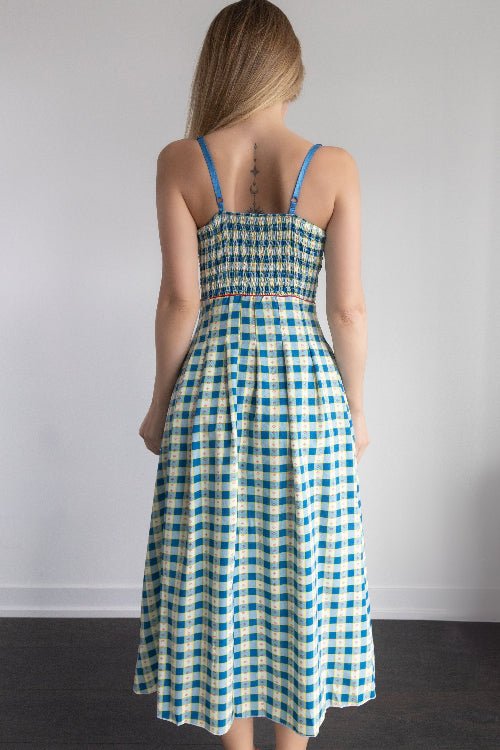 Retro Gingham Midi Dress with Red Bow