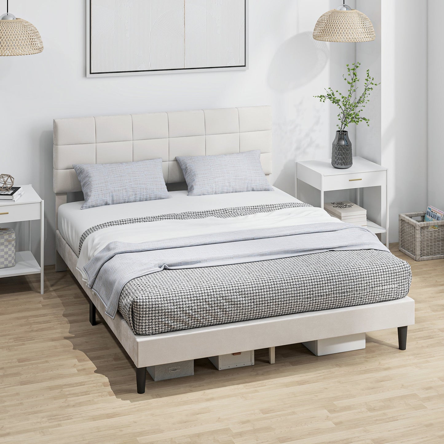 Harper Queen Size Bed Frame with Upholstered Headboard-Cream White
