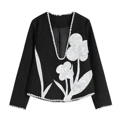 Black And White Splicing Velvet V-neck Overlapping Coat Color Contrast Skirt Suit