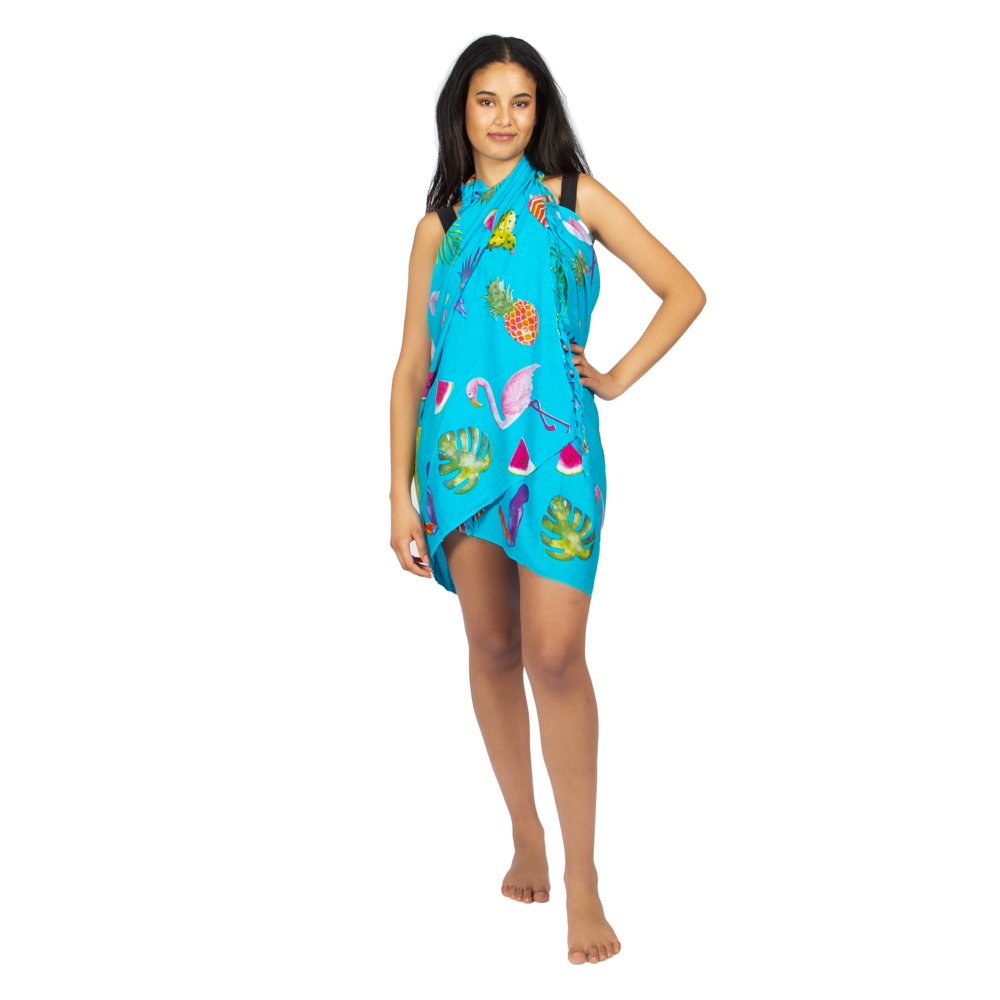 Flamingo & Fruit Print Sarong - Turquoise