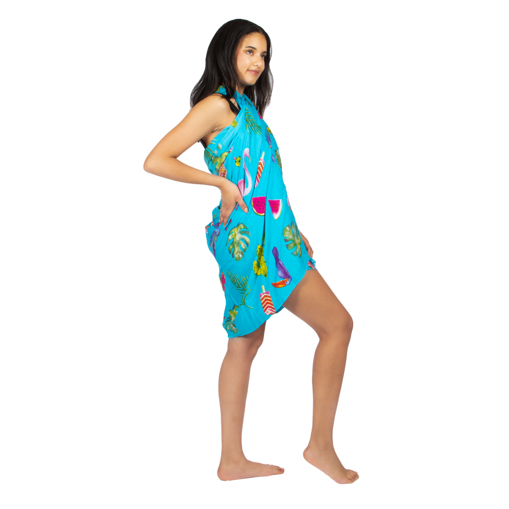 Flamingo & Fruit Print Sarong - Turquoise