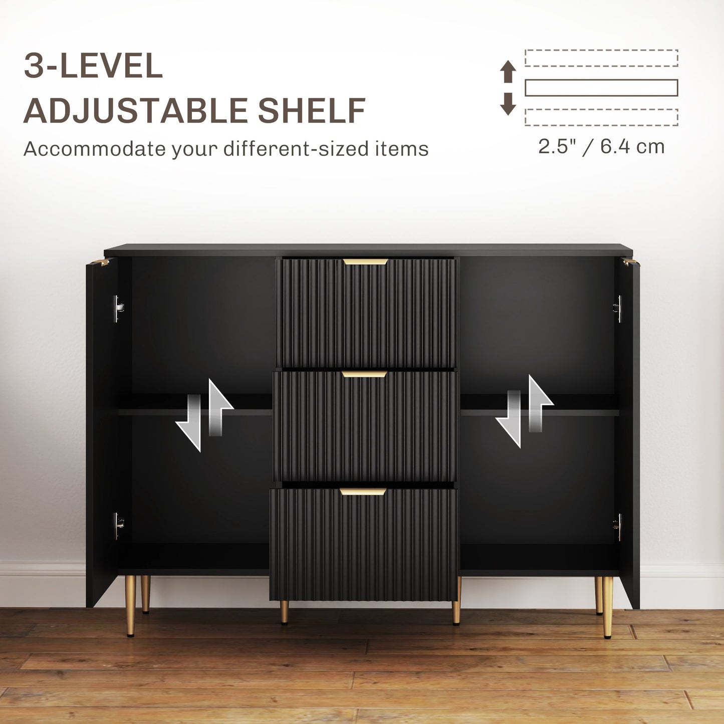 Ellis Modern Kitchen Buffet/Hallway Cabinet with 3 Drawers-Black
