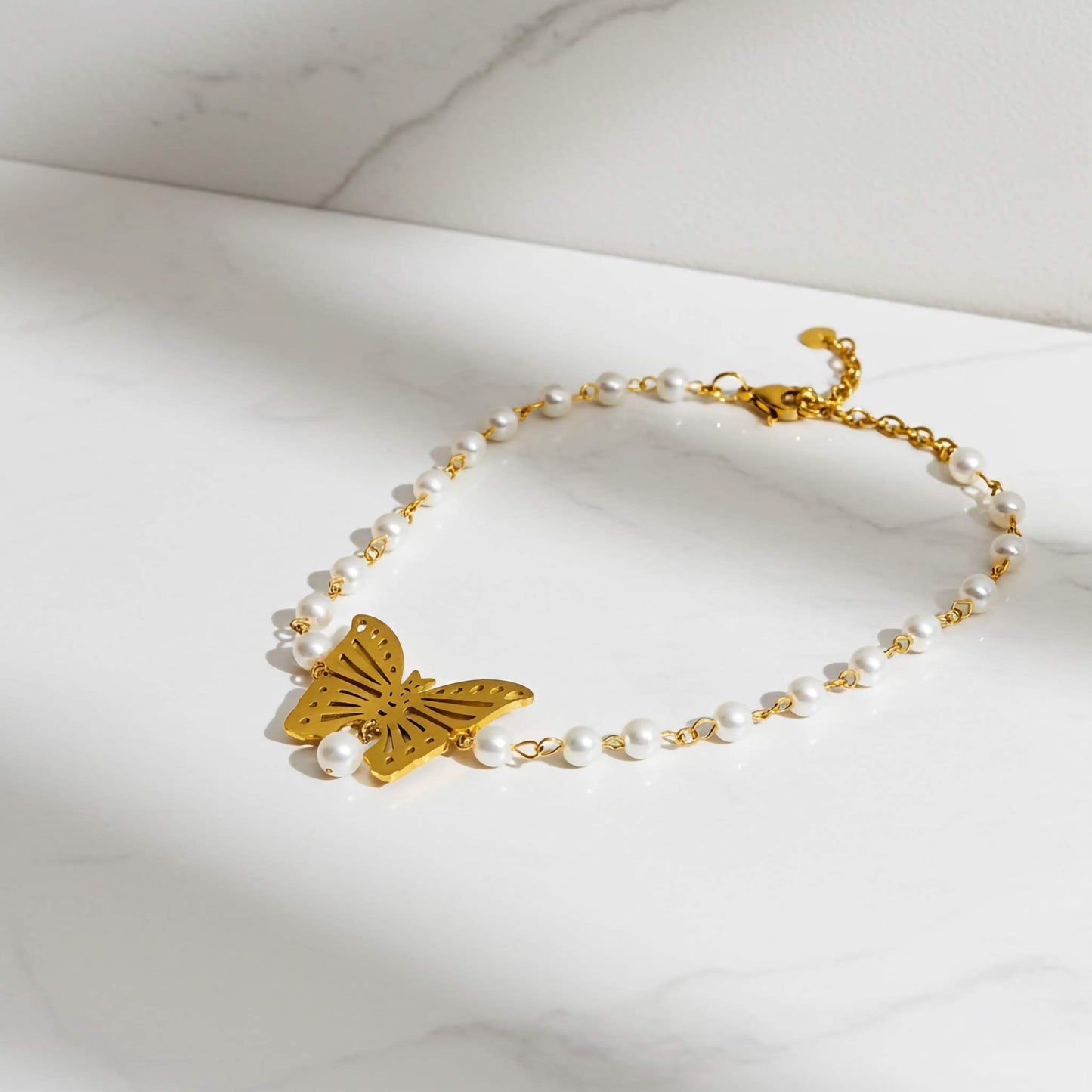 Pearl and Gold Butterfly Necklace - Elegant Statement Piece
