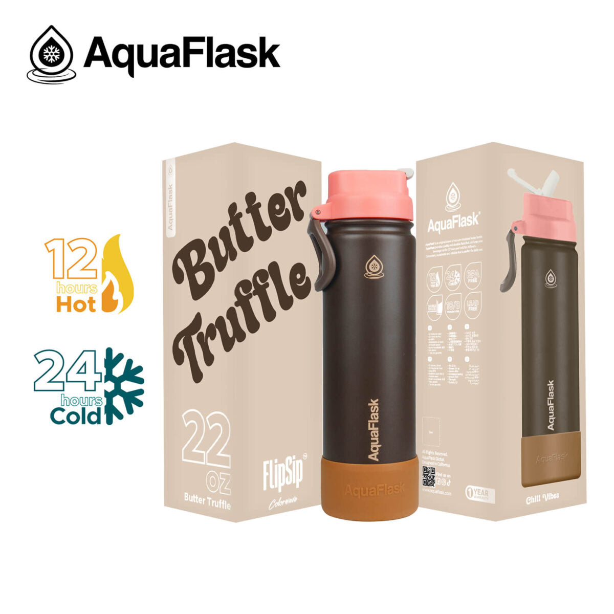 AquaFlask (22oz) Colorwave Flip Sip Insulated Water Bottle Double Wall Stainless Steel Hot & Cold