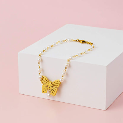Pearl and Gold Butterfly Necklace - Elegant Statement Piece