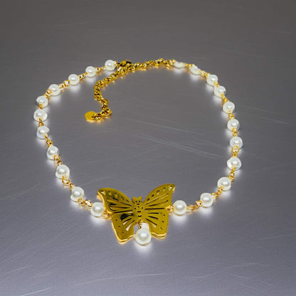 Pearl and Gold Butterfly Necklace - Elegant Statement Piece