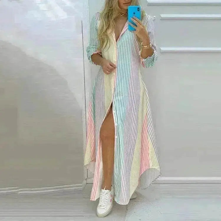Button Fashion Print Long Sleeve Shirt Charming Dress Women